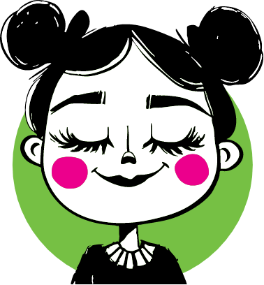 Cartoon girl with closed eyes, smiling, pink cheeks, and hair in two buns, on green circle against black background.
