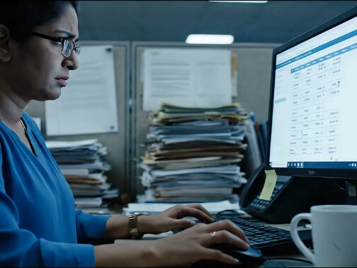 A woman wearing glasses and a blue top is focused on typing at a desktop computer in a cluttered office cubicle. She sits at a desk with a large monitor displaying a spreadsheet or calendar application, a keyboard, mouse, and white coffee mug. Stacks of papers and files are piled high behind her, along with pinned notes on the cubicle walls, under fluorescent lighting.
