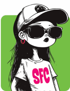 Stylized black-and-white illustration of a cool young woman with long hair, wearing a backward baseball cap, large sunglasses, hoop earrings, and a T-shirt featuring bold pink "SFC" text, set against a green background.