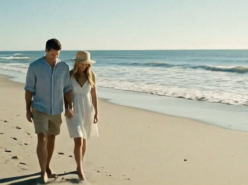 Couple holding hands walking along a sunny beach shoreline, man in light blue shirt and beige shorts, woman in white dress and wide-brimmed hat, with gentle waves in the background.