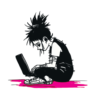 Black-and-white stylized punk character with spiky high bun hair, intensely typing on a laptop while sitting on the ground, with a bright pink splash accent on a green background.