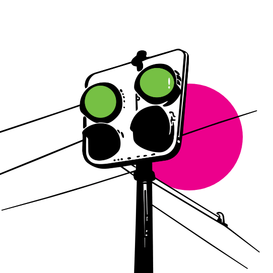 Cartoon traffic light illustration showing two illuminated green lights on the top row and two unlit black lights below, mounted on a pole against a black background with a large bright pink circle.