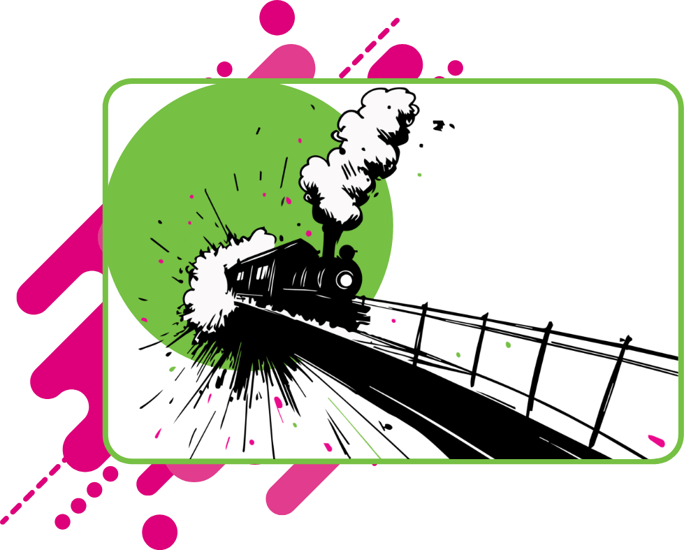 Dynamic black and white cartoon illustration of a speeding steam train with smoke billowing from its chimney, racing across a bridge with strong motion lines and energy splashes, set against a large bright green circle and scattered pink and green dots on white background.