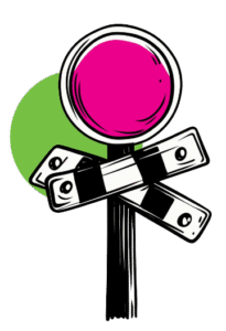 Railroad crossing warning sign illustration with bright pink circular signal light above black-and-white striped crossing gates in X formation on a post, set against black background with green circle accent.